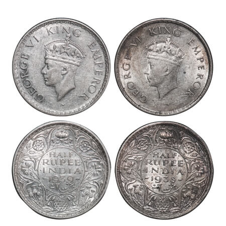George VI, Silver, Half Rupee, (2 coins), 1) 1938, Bombay Mint, A/I, Head Type I, Dot, Mil
