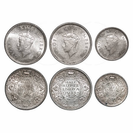 George VI, Silver, Half Rupee, 1/4 Rupee, (3 coins), 1 & 2) 1938, 1939, Half Rupee, Bombay