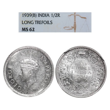 George VI, Silver, Half Rupee, 1939, Bombay Mint, A/I, Head Type I, Dot, Milled edge. F. P