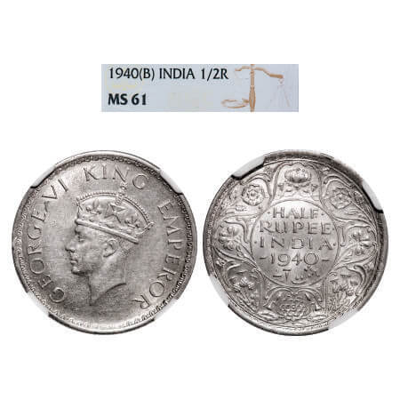George VI, Half Silver, Half Rupee, 1940, Bombay Mint, A(a)/I, Head Type II, Rev I, Dot, M