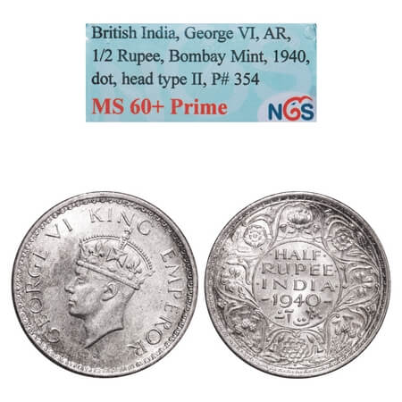 George VI, Half Silver, Half Rupee, 1940, Bombay Mint, A(a)/I, Head Type II, Dot, Milled e