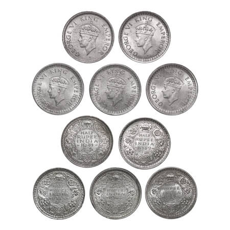 George VI, Half Silver, Half Rupee, (5 coins), Bombay Mint, Head Type II, 1) 1941, A(a)/I(