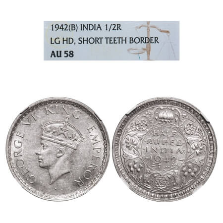 George VI, Half Silver, Half Rupee, 1942, Bombay Mint, A(a)/II, Head Type II, Dot, Securit