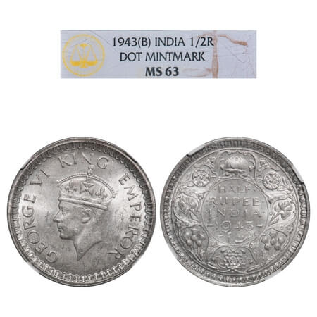 George VI, Half Silver, Half Rupee, 1943, Bombay Mint, B/II, Head Type II, Dot, Security e