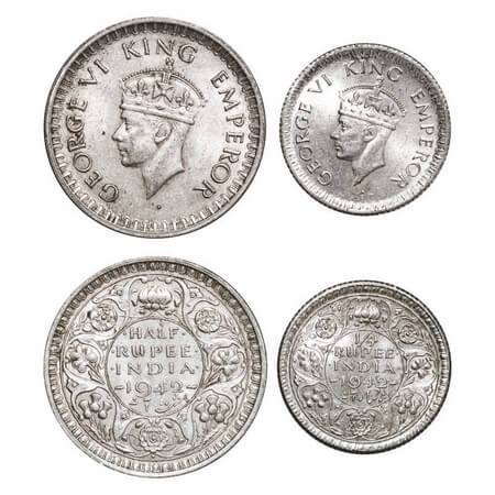 George VI, Half Silver, Half Rupee, 1/4 Rupee, (2 coins), 1942, 1) Half Rupee, Bombay Mint