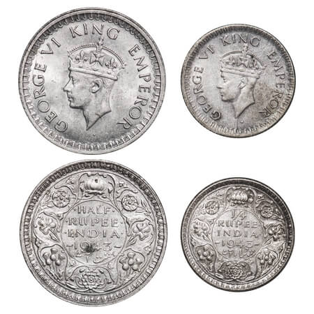 George VI, Half Silver, Half Rupee, 1/4 Rupee, (2 coins), 1943, 1) Half Rupee, Bombay Mint