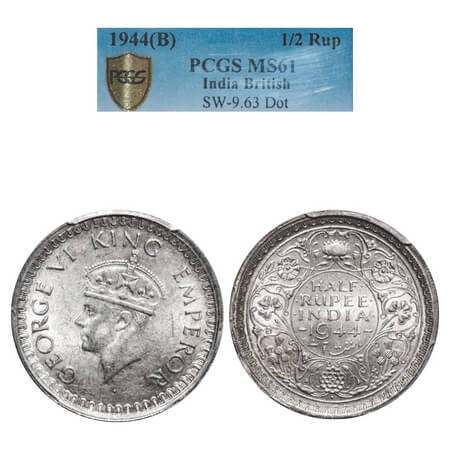 George VI, Half Silver, Half Rupee, 1944, Bombay Mint, B/III, Head Type II, Dot, Security 