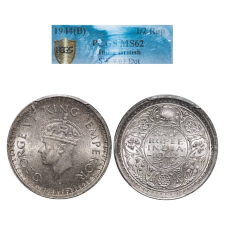 George VI, Half Silver, Half Rupee, 1944, Bombay Mint, B/III, Head Type II, Dot, Security 