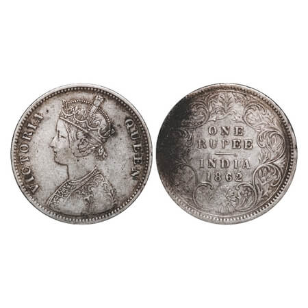 Victoria Queen, Silver, Rupee, 1862, Calcutta Mint, A/I, with initial 'J'. F. Prid 66. GK 