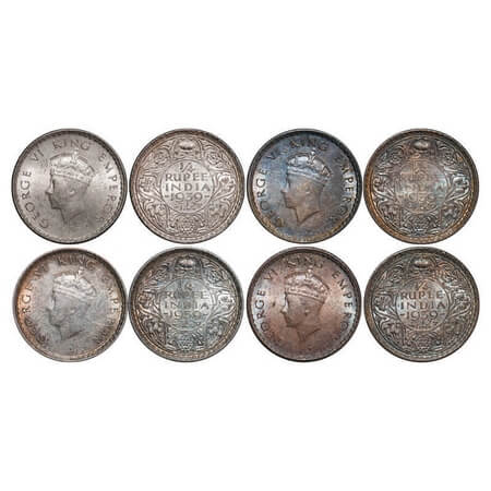 George VI, Silver, 1/4 Rupee, 1939, (4 coins), Bombay Mint, Head Type I, Rev I, Dot, Mille