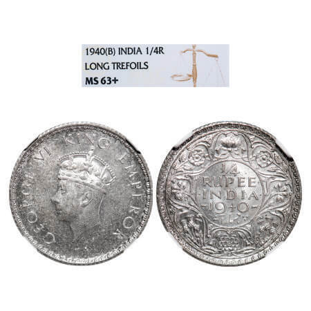 George VI, Half Silver, 1/4 Rupee, 1940, Bombay Mint, Head Type I, Rev I, Dot, Milled edge