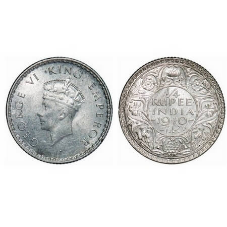 George VI, Half Silver, 1/4 Rupee, 1940, Bombay Mint, Head Type I, Rev I, Dot, Milled edge