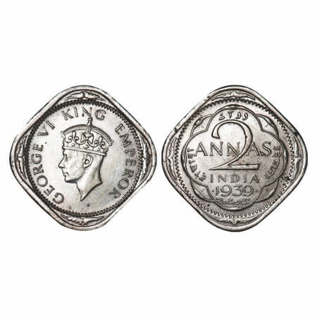 George VI, Copper-nickel, 2 Annas, 1939, Bombay Mint, head Type II, Dots by year, with tin