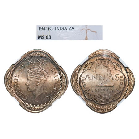 George VI, Copper-Nickel, 2 Annas, 1941, Calcutta Mint, head Type II, No dots by year. F. 