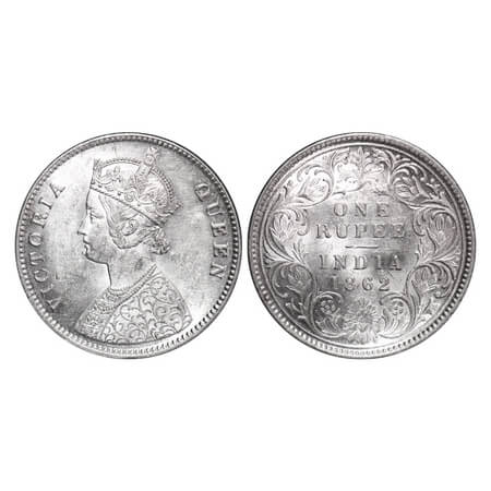 Victoria Queen, Silver, Rupee, 1862, Calcutta Mint, A/I, w/o initial 'J'. F. Prid 66. GK 2
