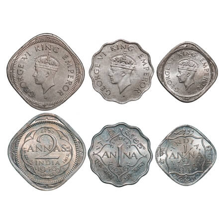 George VI, Copper-Nickel, 2 Annas, 1 Anna, 1/2 Anna, 1946, (3 coins), 1) 2 Annas, Bombay M