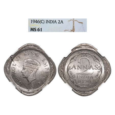 George VI, Copper-Nickel, 2 Annas, 1946, Calcutta Mint, Head Type II, No dots by year, Lar