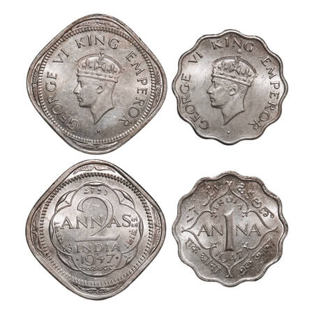 George VI, Copper-Nickel, 1947, 2 Annas, 1 Anna, (2 coins), 1) 2 Annas, Bombay Mint, Head 