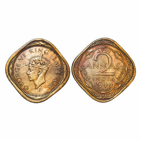 George VI, Nickel-Brass, 2 Annas, 1944, Lahore Mint, Head Type II, No dots by year, 'L' ra