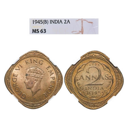 George VI, Nickel-Brass, 2 Annas, 1945, Bombay Mint, Head Type II, Dots by year, Tip of th