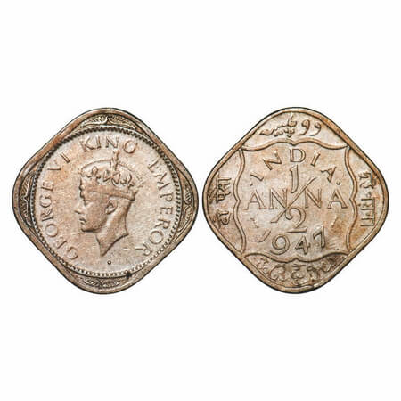 George VI, Copper-Nickel, 1/2 Anna, 1947, Bombay Mint, Dots by India, Dash-Dot-Dash. F. Pr