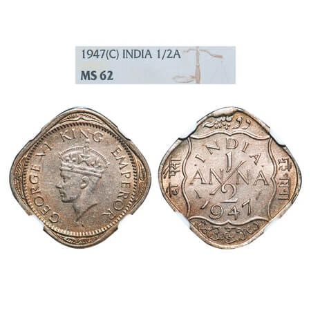 George VI, Copper-Nickel, 1/2 Anna, 1947, Calcutta Mint, Dots by India, Dashes by year. F.