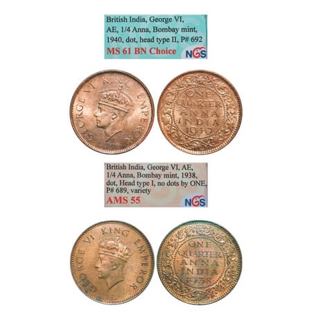 George VI, Bronze, Quarter Anna, (2 slabs), 1) 1938, Bombay Mint, Head Type I, Dot, Dots b
