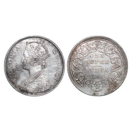 Victoria Queen, Silver, Rupee, 1862, Madras Mint, B/II, With enclosed frame effect. F. Pri