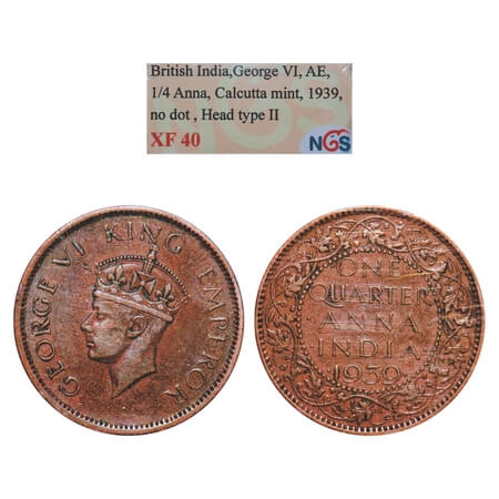 George VI, Bronze, Quarter Anna, 1939, Calcutta Mint, Head Type II, No dot. F. Prid Unlist