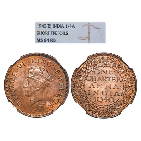 George VI, Bronze, Quarter Anna, 1940, Bombay Mint, Head Type II, Dot. F. Prid 692. GK 142