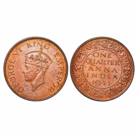 George VI, Bronze, Quarter Anna, 1941, Bombay Mint, Head Type II, Dot. F. Prid 693. GK 142