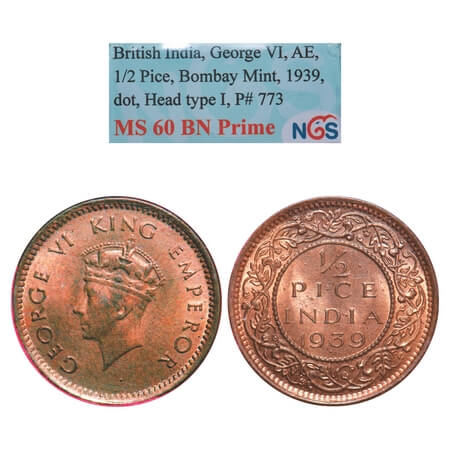 George VI, Bronze, 1/2 Pice, 1939, Bombay Mint, Head Type I, Dot. F. Prid 773. GK 1450. NG