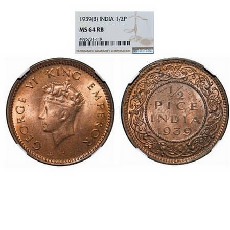 George VI, Bronze, 1/2 Pice, 1939, Bombay Mint, Head Type I, Dot. F. Prid 773. GK 1450. NG