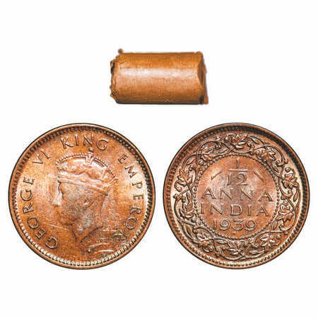 George VI, Bronze, 1/12 Anna, 1939, (Roll of 24 coins), Bombay Mint, Head Type I, Dot, Tin