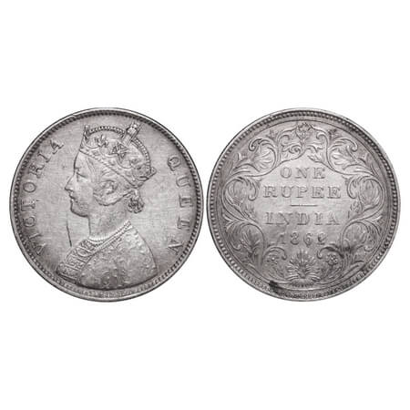 Victoria Queen, Silver, Rupee, 1862, Bombay Mint, B/II/0/0, Elongated pearls on both arche