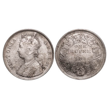 Victoria Queen, Silver, Rupee, 1862, Bombay Mint, B/II/2/0. F. Prid 71. GK 287. Extremely 