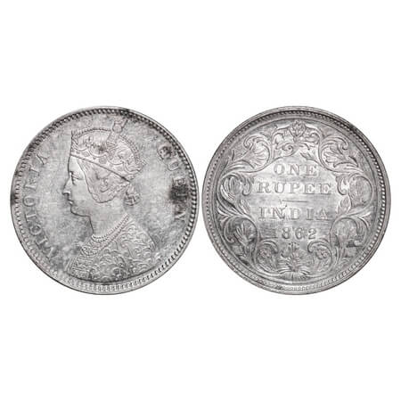Victoria Queen, Silver, Rupee, 1862, Bombay Mint, A/II/0/4, w/o initial 'J'. F. Prid 79. G