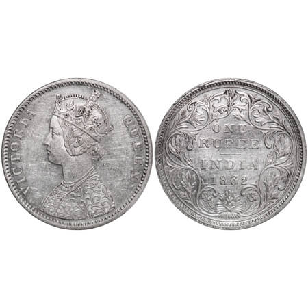 Victoria Queen, Silver, Rupee, 1862, Bombay Mint, A/II/0/7, With intial 'J'. F. Prid 87. G