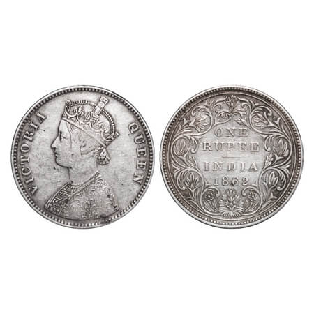Victoria Queen, Silver, Rupee, 1862, Bombay Mint, A/II/0/10, w/o initial 'J', Large dots, 