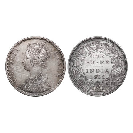 Victoria Queen, Silver, Rupee, 1862, A/II/1/1, with initial 'J'. F. Prid 99. GK 349. About