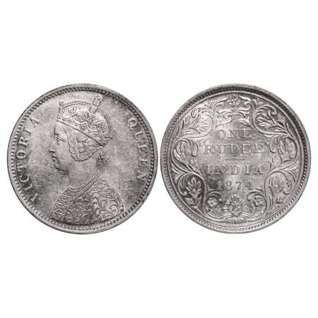 Victoria Queen, Silver, Rupee, 1874, Bombay Mint, A2/II, No dot, Re-engraved numeral 4. F.