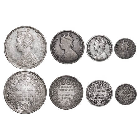Victoria Queen, Silver, Rupee, Half Rupee, 1/4 Rupee, 2 Annas, (4 coins), 1875, 1) Rupee, 