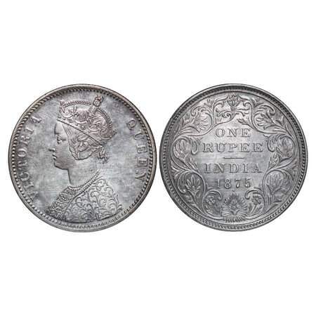 Victoria Queen, Silver, Rupee, 1875, Bombay Mint, A2/II, Dot, Top stroke of numeral 5 long