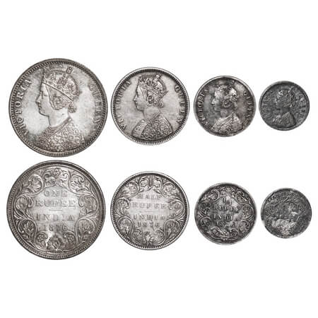 Victoria Queen, Silver, Rupee, Half Rupee, 1/4 Rupee, 2 Annas, (4 coins), 1876, 1) Rupee, 