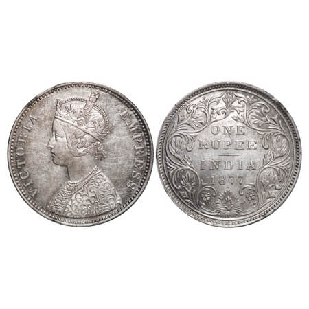 Victoria Empress, Silver, Rupee, 1877, Bombay Mint, A3/II(i), Dot. F. Prid Unlisted. GK 44