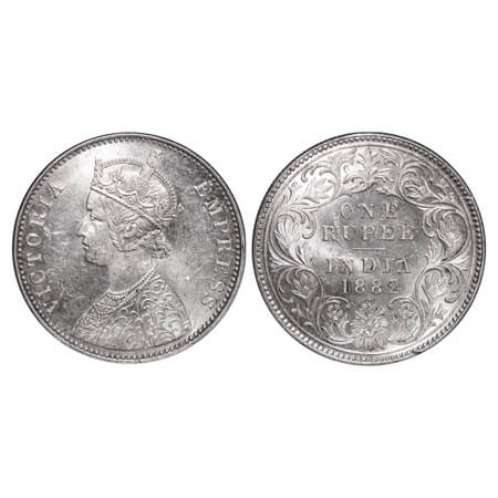 Victoria Empress, Silver, Rupee, 1882, Bombay Mint, A3/I, Dot, Complete ghost on Rev. F. P