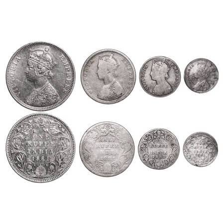 Victoria Empress, Silver, Rupee, Half Rupee, 1/4 Rupee, 2 Annas, (4 coins), 1881, 1) Rupee