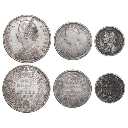 Victoria Empress, Silver, Rupee, Half Rupee, 1/4 Rupee, (3 coins), 1882, 1) Rupee, Bombay 