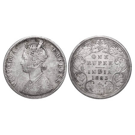 Victoria Empress, Silver, Rupee, 1883, Bombay Mint, A3/I, No dot. F. Prid 161. GK 476. Fin
