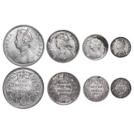 Victoria Empress, Silver, Rupee, Half Rupee, 1/4 Rupee, 2 Annas, (4 coins), 1884, 1) Rupee